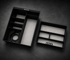 Niftly3D Black Ops White 2-piece center console organizer for Tesla Model S and Model X Gen 2 — main organizer and insert tray, studio render