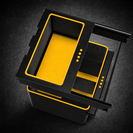 Rivian R1S R1T center console organizer with sliding upper tray and deep lower storage bin, black and yellow PETG, top-down view