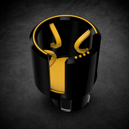 Rivian R1S R1T cup holder insert top-down view showing flexible yellow TPU grip arms and black PETG outer shell, multi-size fit