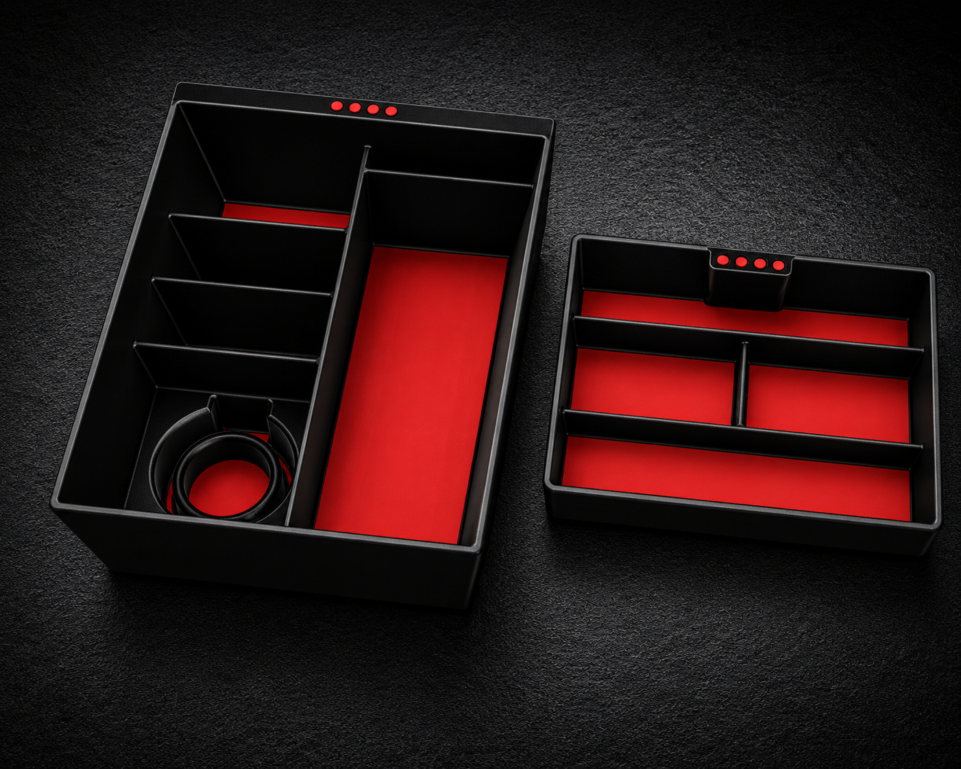 Niftly3D Black Ops Red center console organizer set for Tesla Model S and Model X Gen 2 — matte black 2-piece, studio render