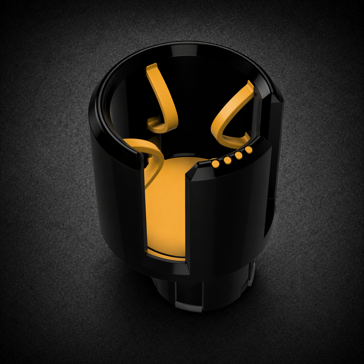 Flex-Grip Cup Holder for Rivian R1S / R1T — Black Ops Edition, black PETG body with yellow TPU flex arms and black accent rim