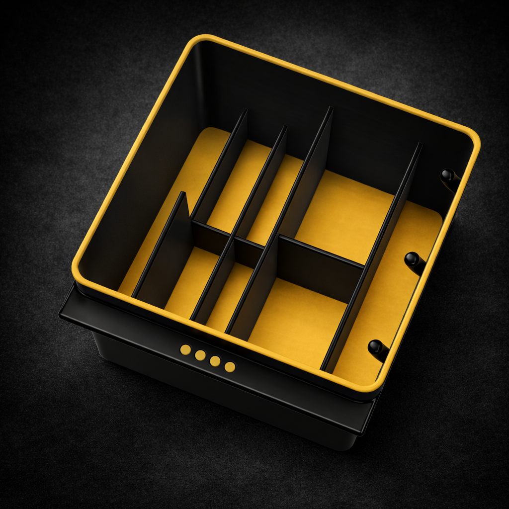 Center console organizer for Rivian R1T — divided tray layout