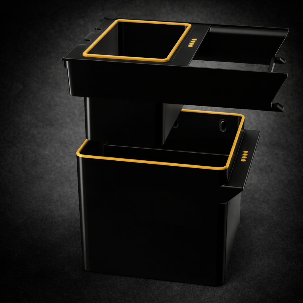 Console organizer for Rivian R1S / R1T — multi-layer tray system, stacked storage design