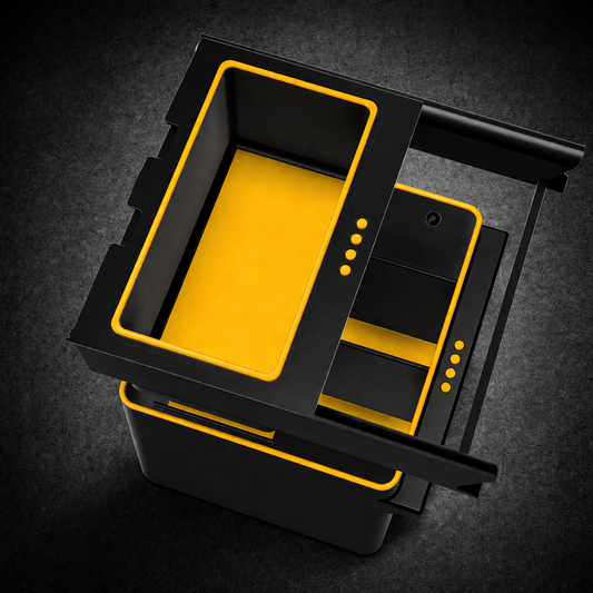 Rivian R1S R1T center console organizer with sliding upper tray and deep lower storage bin, black and yellow PETG, top-down view