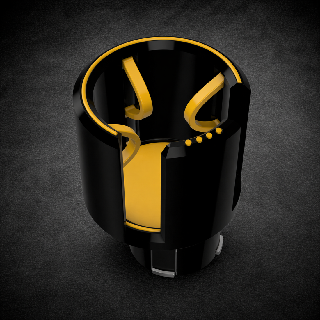 Rivian R1S R1T cup holder insert top-down view showing flexible yellow TPU grip arms and black PETG outer shell, multi-size fit