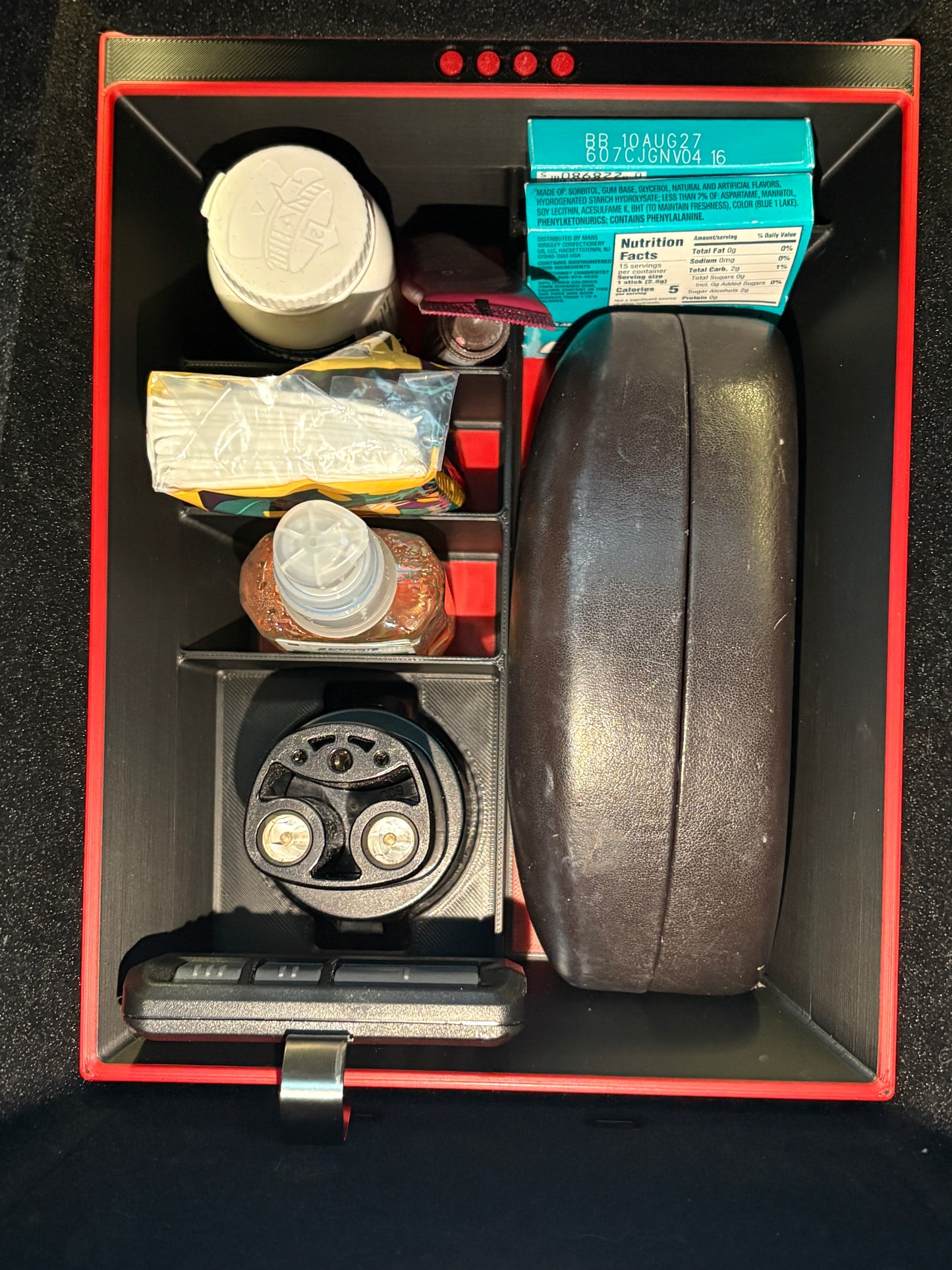 model x console organizer with j1772 holder, designer glasses case, gum, medicine, tissue and sanitizerholder