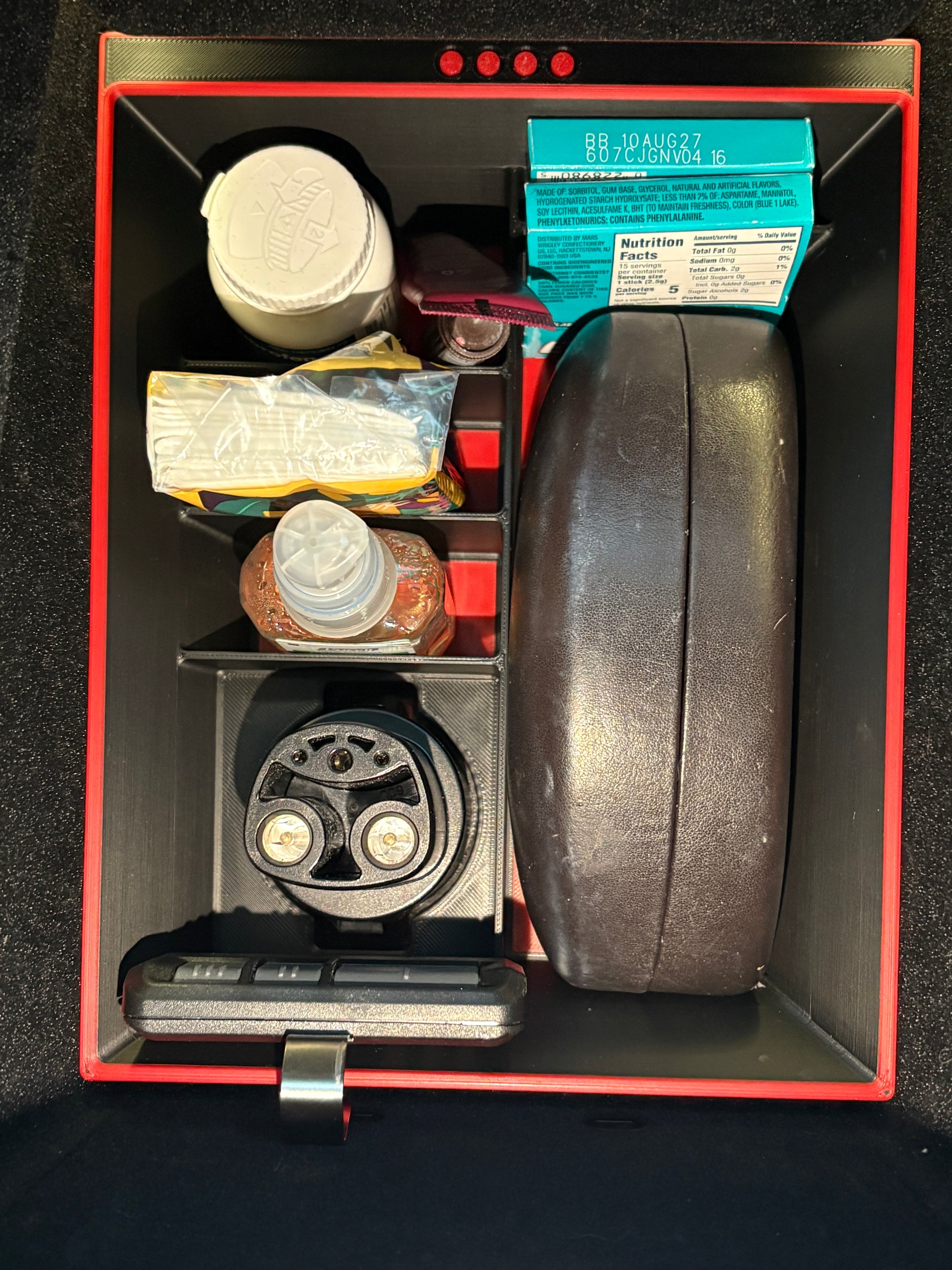 model x console organizer with j1772 holder, designer glasses case, gum, medicine, tissue and sanitizerholder