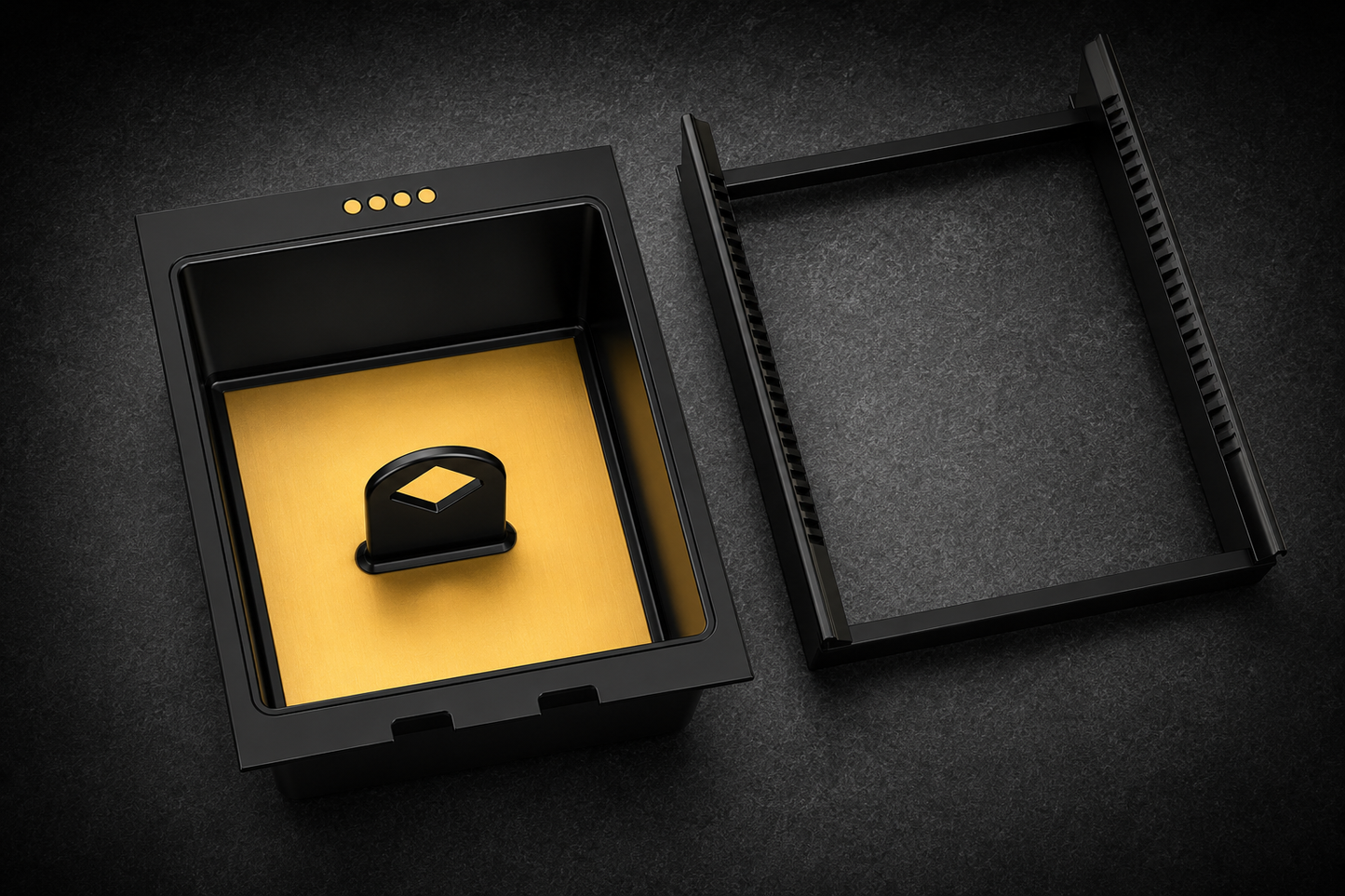 Niftly3D Black Ops pull-out tray, mounting plate, and rail for the Rivian R1S and R1T center console, designed for above-vault storage over a Console Vault safe. Top assembly only, no base console, blacked-out finish with a yellow base.