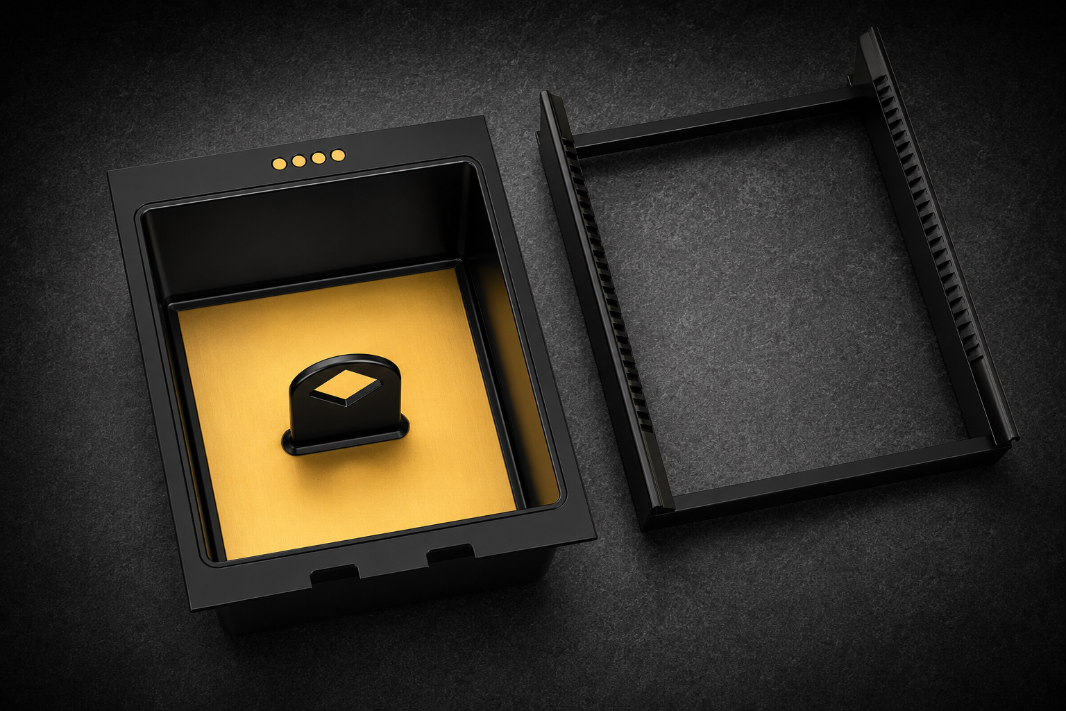 Niftly3D Black Ops pull-out tray, mounting plate, and rail for the Rivian R1S and R1T center console, designed for above-vault storage over a Console Vault safe. Top assembly only, no base console, blacked-out finish with a yellow base.