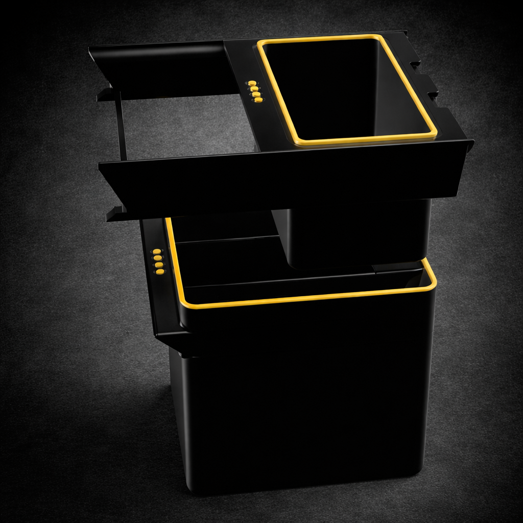 Center console organizer for Rivian R1S / R1T — sliding top tray open, compact storage configuration