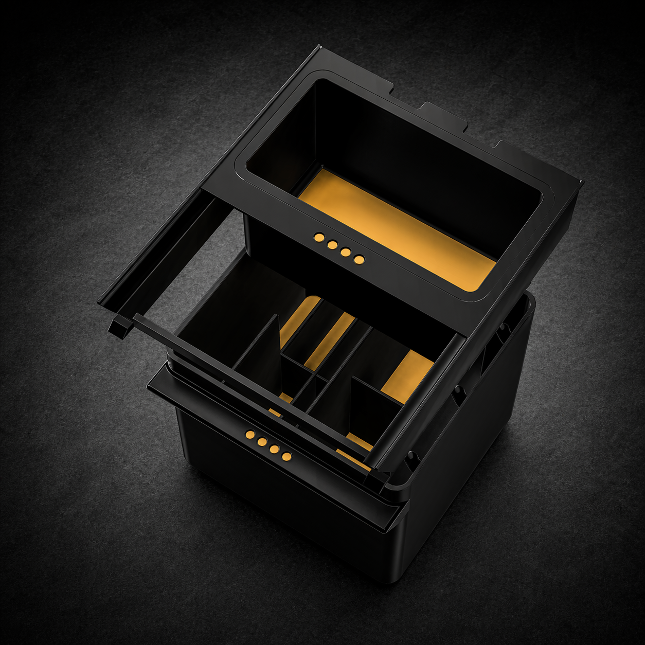 Niftly3D Black Ops console organizer for Rivian R1S / R1T — top-down view with yellow accents
